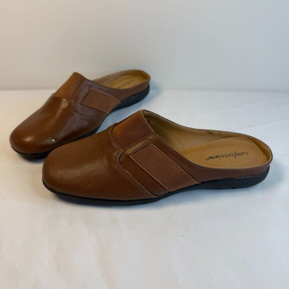 Comfortview The Sarah Womens Size 7.5 Wide Brown Leather Mules Workwear Casual - Picture 1 of 12
